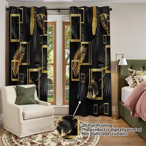 2-piece set of black gold tropical plant leaf curtains, light luxury high-end living room and bedroom curtains, semi blackout polyester fabric, home daily room decoration curtains, Window Curtain
