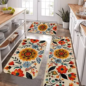 Soft kitchen mat, red flower pattern kitchen mat - non-slip indoor mat, polyester fiber material, suitable for kitchen, living room, corridor, four seasons decoration, Boho Runner Rug