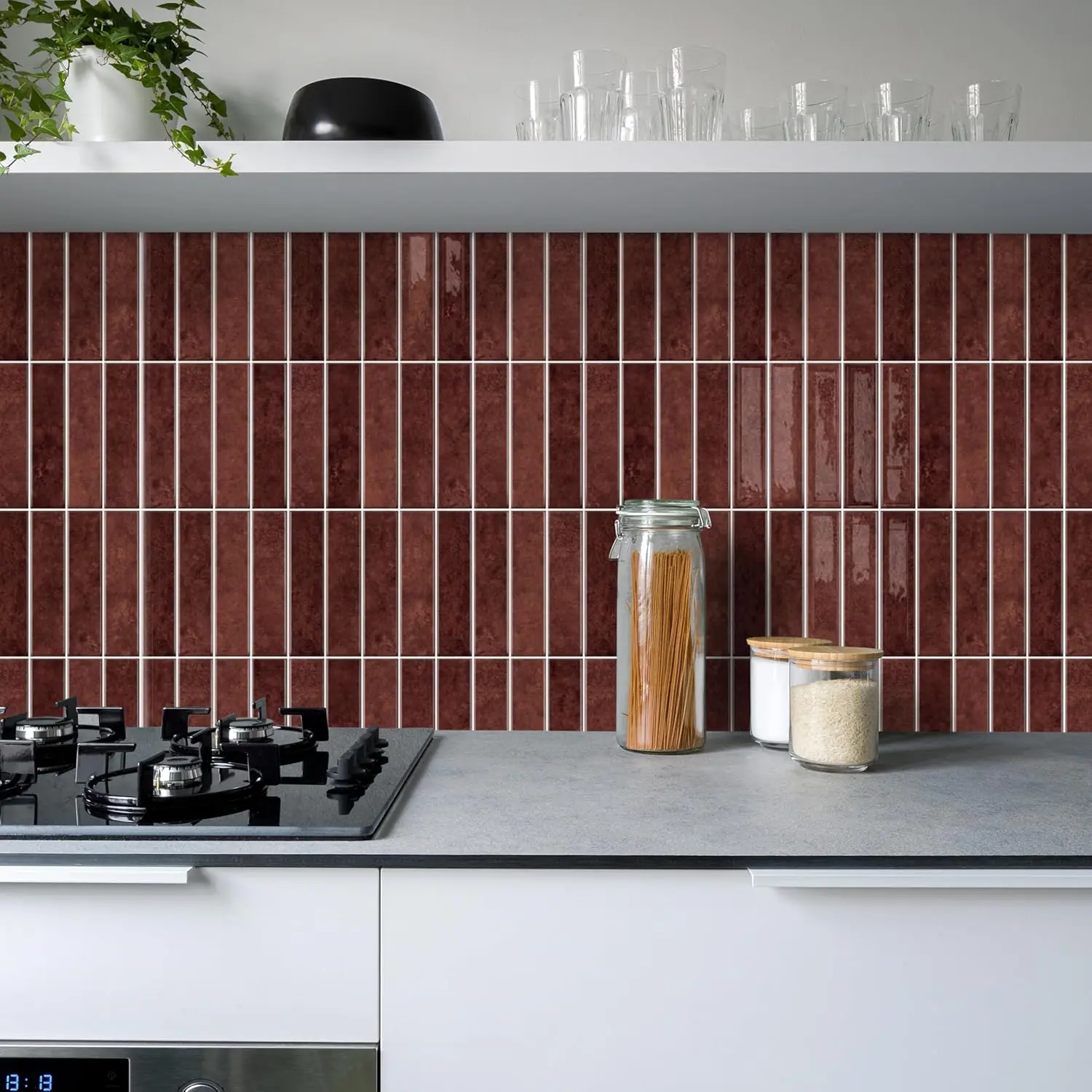 Alwayspon 10 Sheets 12" x12'' Retro Red 3D Vinyl Backsplash Tiles, Self-Adhesive Peel and Stick Wall Tile Stickers Stick on Subway Tiles for Kitchen Bathroom Wall