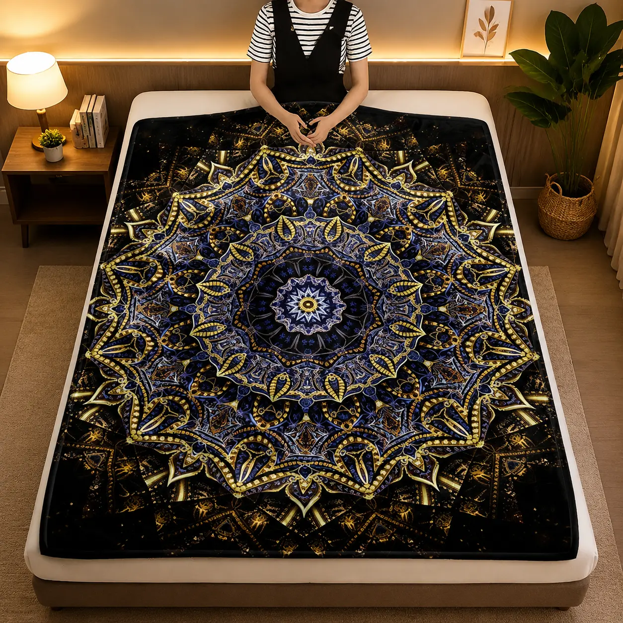 Mandala-Patterned Blanket with Intricate Gold Design—A Lightweight, Versatile Throw Suitable for Sofas, Beds, Travel, Camping, Living Rooms, Offices, Seating Areas, and More. Crafted from Soft, Warm Fabric and Produced Using Digital Printing Technology.