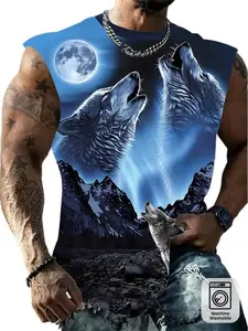 Men's Sleeveless Vest Fashion 3D Wolf Pattern, Round Neck, Loose-Fitting All over Print, Regular Length Outer Vest