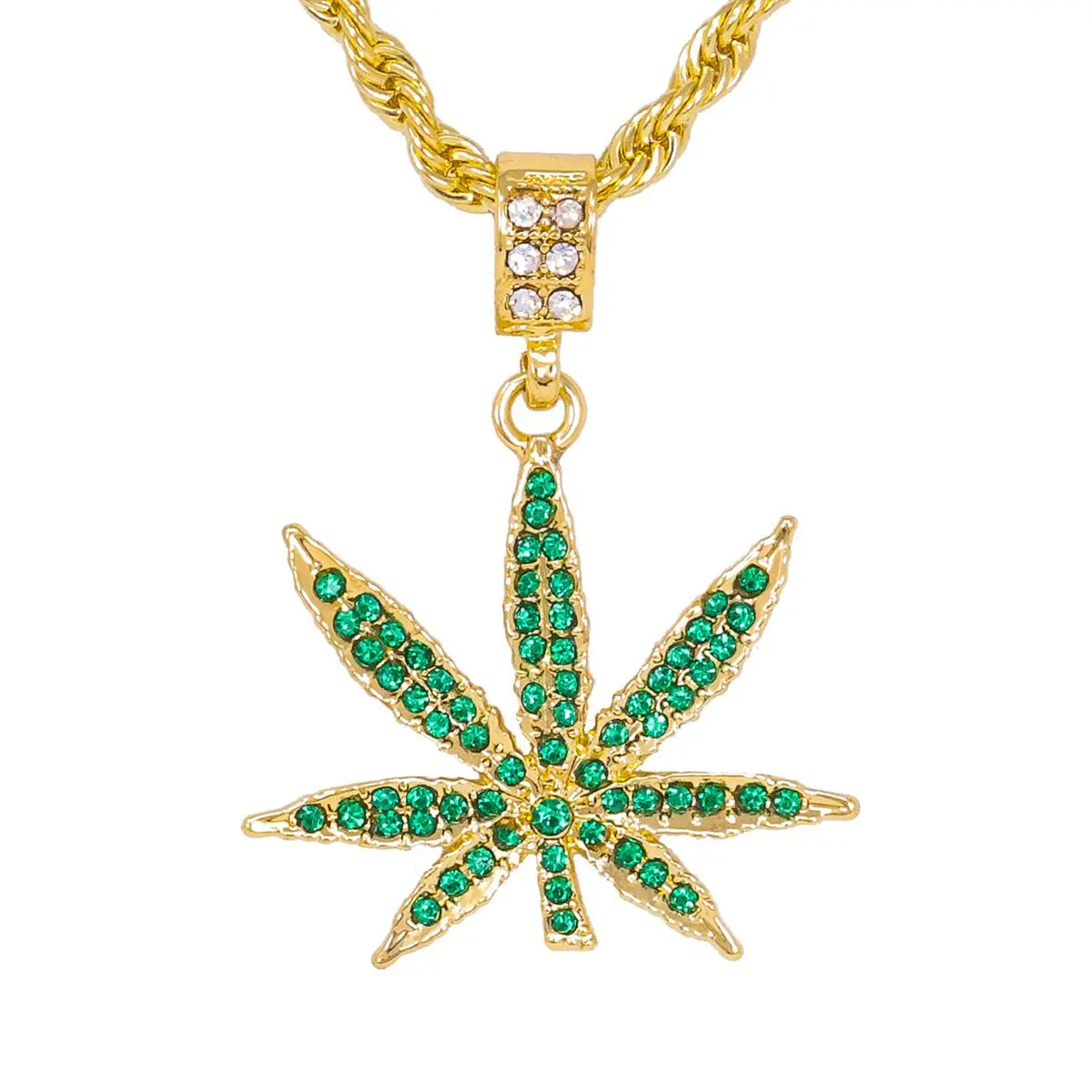 MaxBling81 High Polish Weed Leaf CZ Iced Bling Pendant Necklace, 4mm 24" Silver Rope Chain, Gold Statement Chain Option, Unisex Hip Hop Costume Jewelry for Daily Wear, 24" Chain