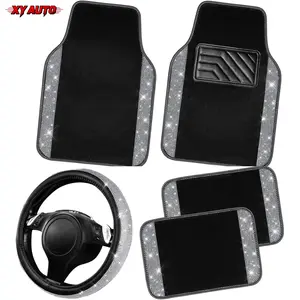 5pcs Black Silver Bling Diamond Leather Steering Wheel Cover 14.5in-15in Shining Rhinestone Carpet Floor Mats Sparkly Glitter Crystal Anti-Slip Pad Fit Automotive SUV Pickup Truck for Girl Women