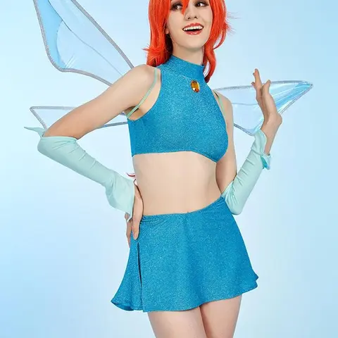 Officially Licensed Winx Club Bloom Cosplay Halloween Fairy Costume | Blue Tops and Skirt with Fairy Wings