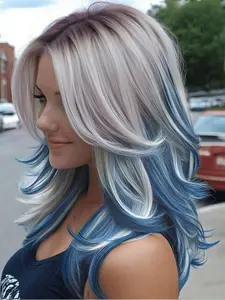 22 Inch Blue Gradient Medium Long Hair Wig with Bangs, Natural Daily Wear High Temperature Fiber Synthetic Wig for Women