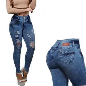 8726 Bon Bon UpColombian Jeans Women's High Waist Ripped Jeans - Blue Denim with Distressed Details & Comfortable Fit for Everyday Wear colombian jeans Womenswear Style