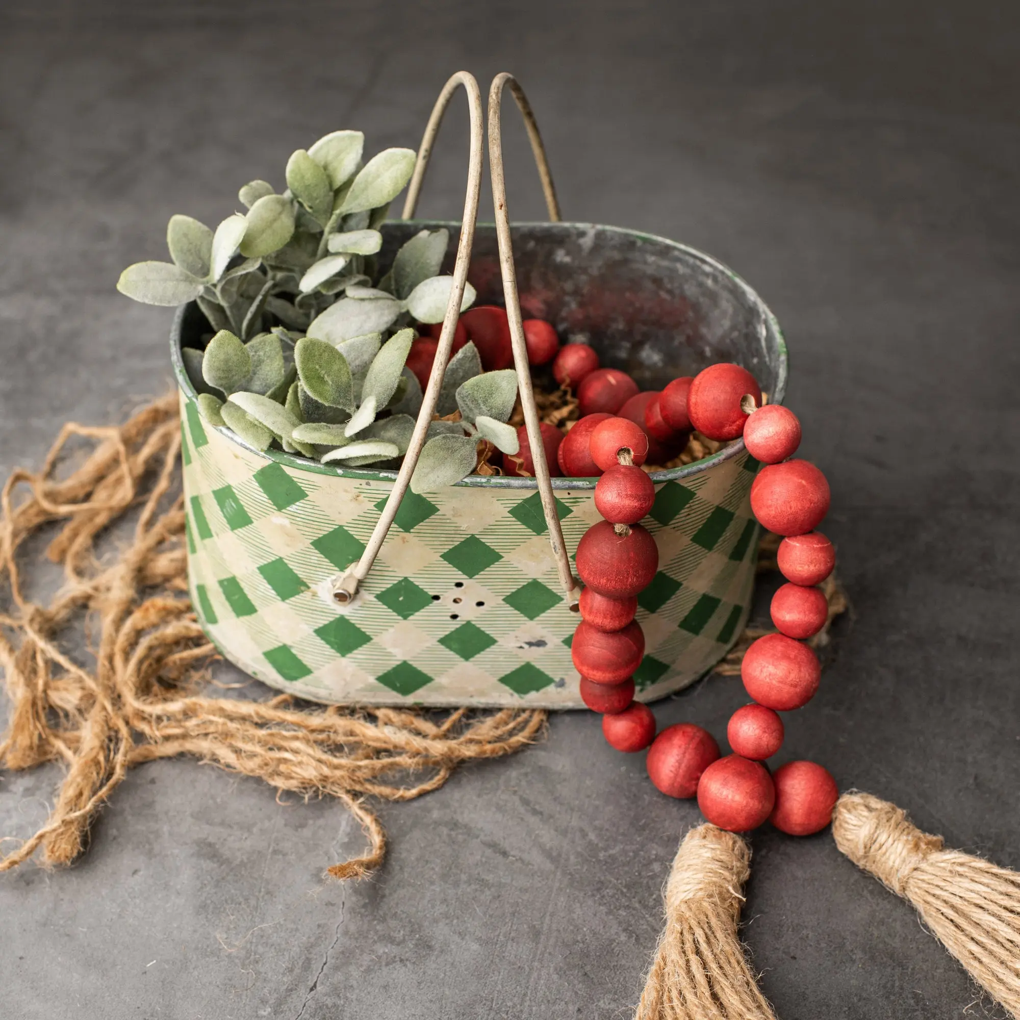 Barn Red Wood Bead Garland with Tassels