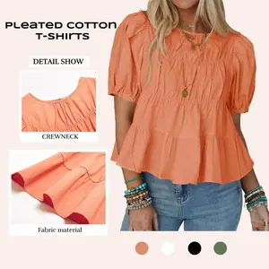 Lannew Womens Puff Sleeve Peplum Babydoll Tops Summer Smoked Pleated Cotton T-Shirts Casual Loose Fit Flowy Blouse