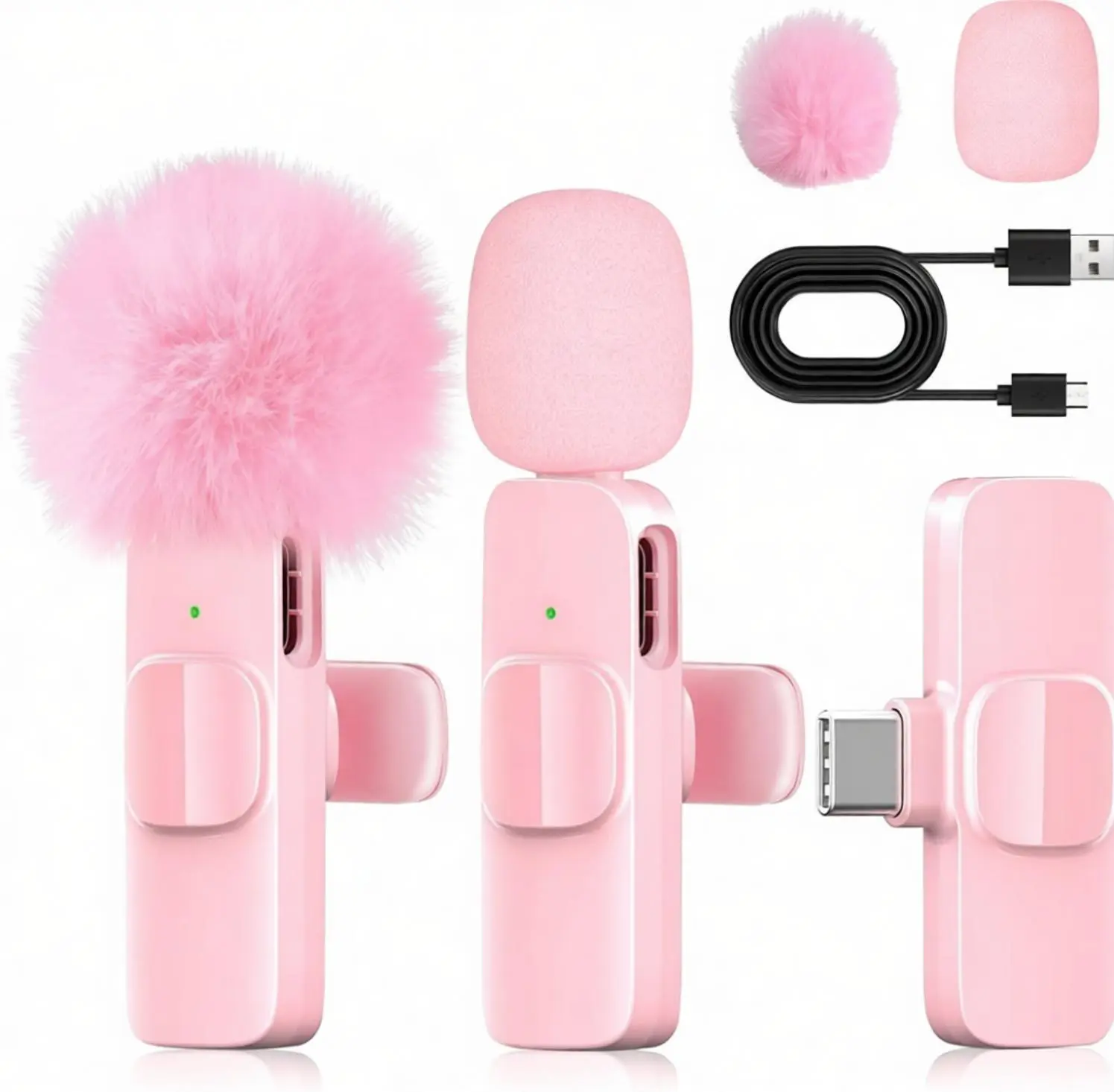 This pink mini wireless microphone is a lavalier microphone that is plug-and-play and suitable for applications such as YouTube, TikTok, podcasts, and live streaming.