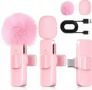 This pink mini wireless microphone is compatible with iPhones and Android phones. It's a lavalier microphone with noise cancellation, plug and play, and suitable for applications such as YouTube, TikTok, podcasts, and live streaming.