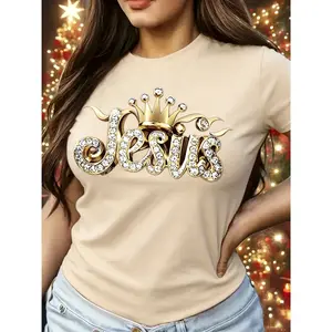 100% cotton T-shirt with Jesus' crown of thorns design - black shiny Jesus crown design, round neck casual religious clothing, suitable for all holidays or daily wear, machine washable, soft and comfortable