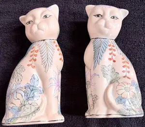 Vintage Chinese Hand-Painted Ceramic Cat Figurines — Floral Botanical Motif, Matched Pair