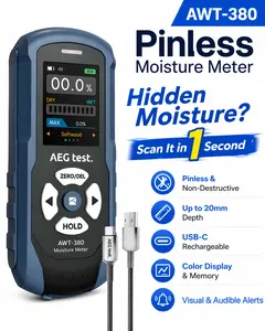 【FathersDayGift】AWT-380 Pinless Moisture Meter – Wood & Wall Moisture Detector with Color Screen, Rechargeable Water Leak Detector for Home Inspection, Adjustable Alarm, Data Hold & Storage