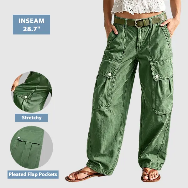 Flamingals Solid Flap Pocket Mid Rise Wide Leg Cargo Pants Without Belt Womenswear Stretchy 28.7" Inseam