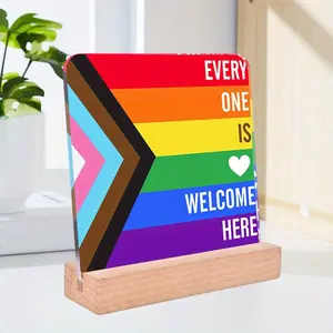 LGBTQ+ Everyone Is Welcome Here Decor Sign, Diversity Acrylic with Wooden Stand, Geometric Designs, Pride Flag Rainbow Desktop Decor, Home Decor, Cafe Kitchen Bedroom Living Room Decor