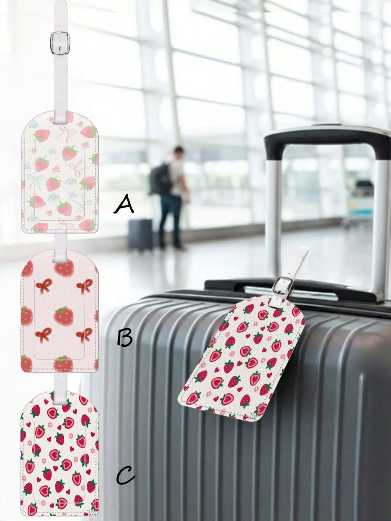 Strawberry Pattern Leather Luggage Tag, Waterproof Design, Travel Accessory for Suitcases and Cruises, Includes Name ID Card