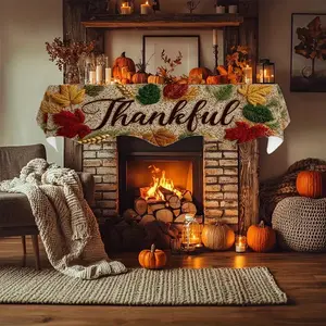 1 Piece Extra Long Fireplace Cover and Table Runner - Thanksgiving Decoration, Red, Green, Gold, Brown, White Autumn Leaf Pattern - Living Room Fireplace Scarf/Table Cloth - Durable Polyester Fabric - Easy to Clean Autumn Home Decoration, Holiday Table De