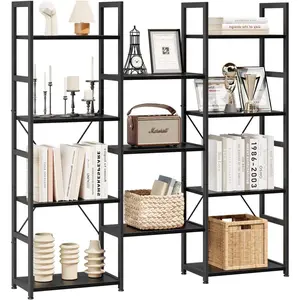 Triple Column 4 Tier Bookshelf, Bookcase with 11 Open Display Shelves, Adjustable Rustic Industrial Style Book Shelves, Modern Bookshelves for Bedroom, Living Room and Home Office, Black