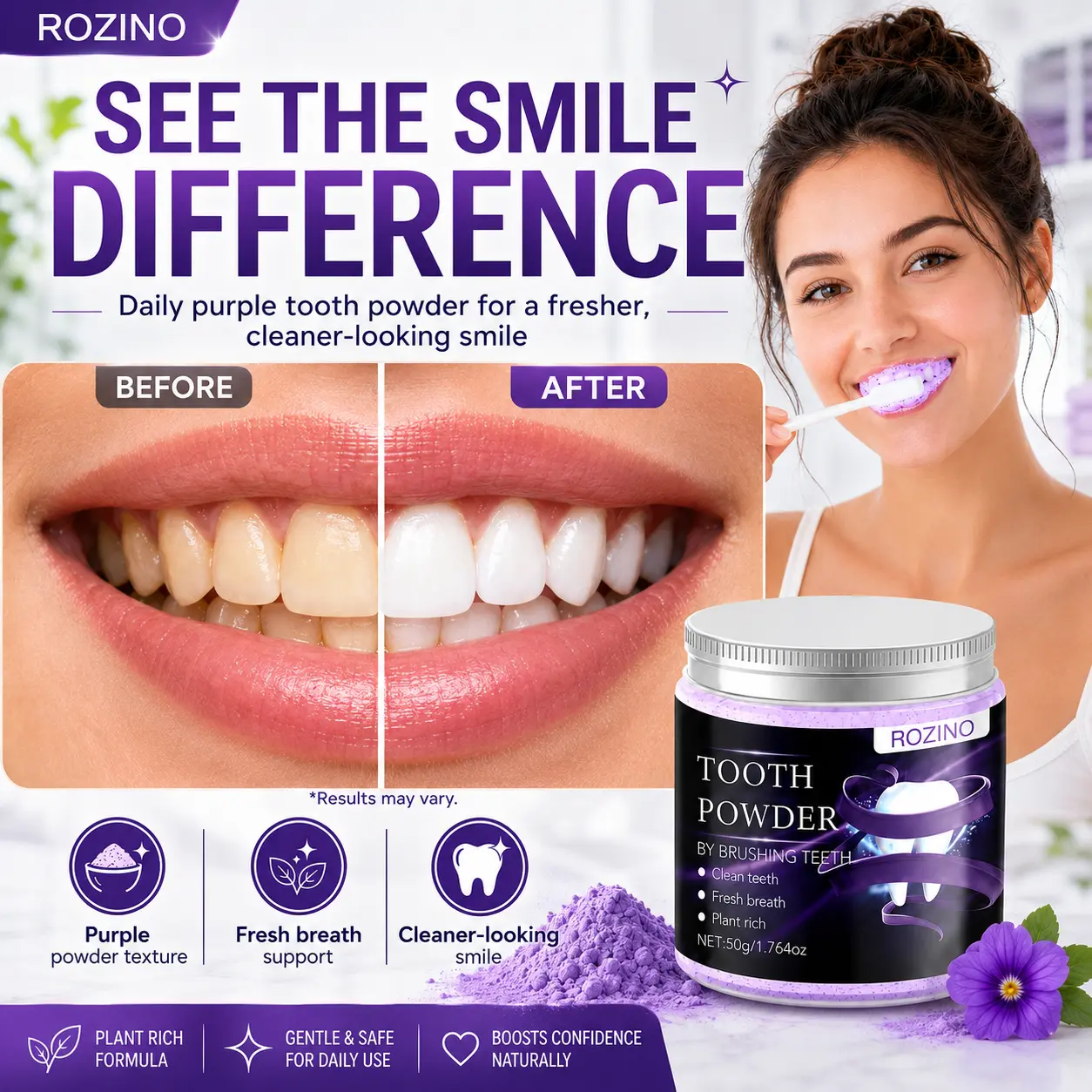 ROZINO Purple Tooth Powder - Natural Teeth Cleaning Powder with Plant-Based Ingredients, Fresh Breath Support, Daily Oral Care for a Brighter-Looking Smile, 50g Gentle Lightweight
