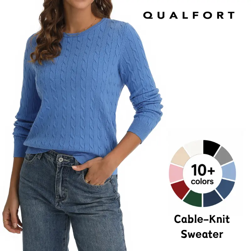 QUALFORT Women's Basic Cable-Knit Sweater - Lightweight Long-Sleeve Crew/Round Neck Pullover, Soft Viscose Blend, Relaxed Cut Tops for Everyday Wear, Work, All Seasons