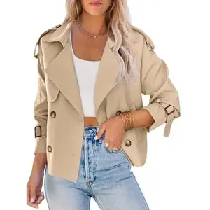Imily Bela Women Crop Double Breasted Trench Coat Raglan Sleeve Work Office Cropped Jacket With Pockets