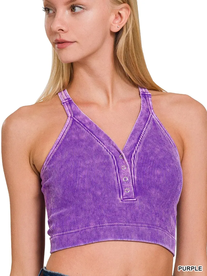 THE ASHLEY ZENANA WASHED RIBBED CROPPED BUTTON V-NECK TANK TOP
