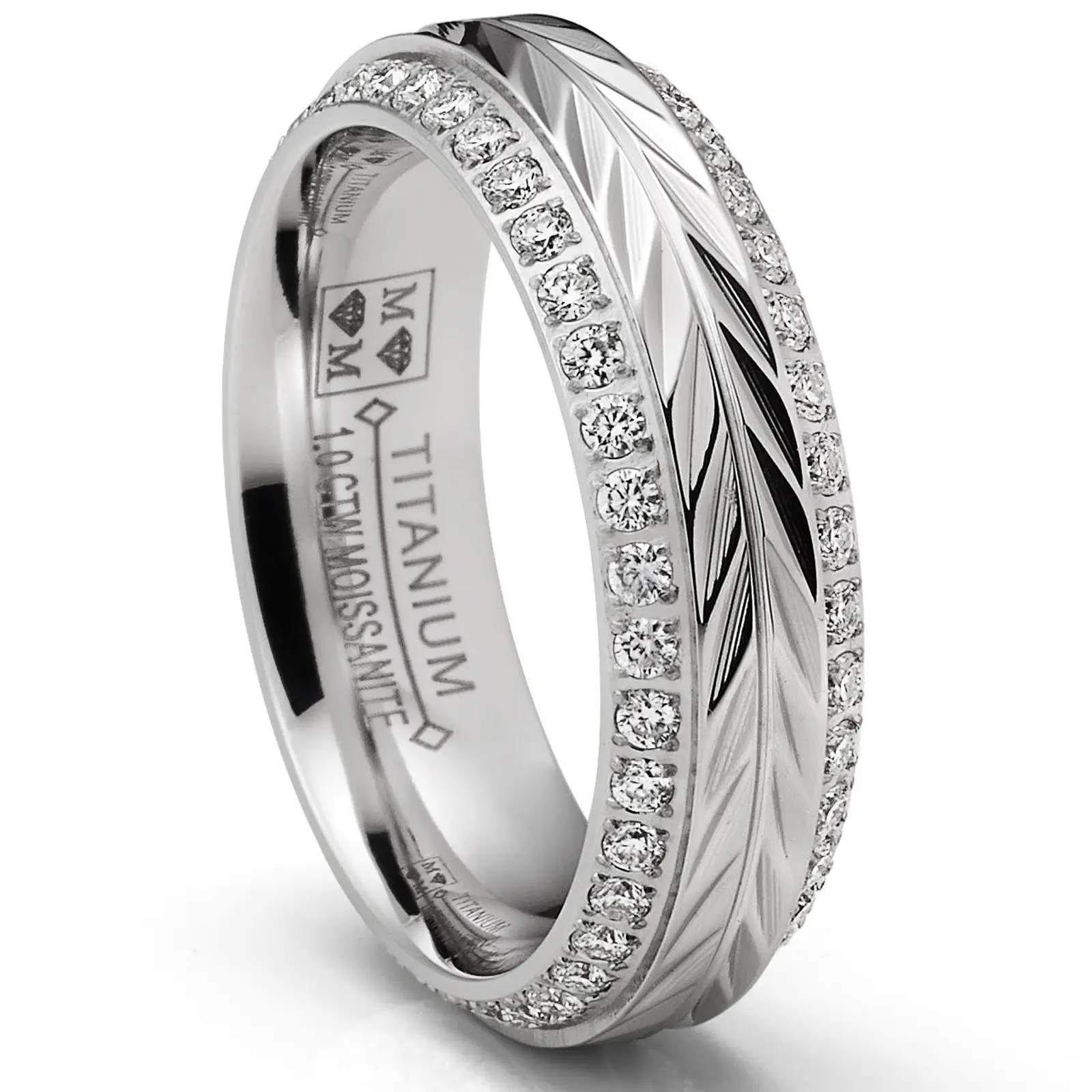 1 Carat Moissanite Wedding Band 6MM Eternity Ring Chevron Herringbone Two-Row Pavé-Set