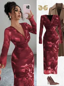 Women's Floral Pattern Stretch Long Sleeve Dress, Stylish Elegant Chic Feminine Design with Cross Twisted V-Neck, Slim Fit with Slit for Daily, Work, Date & Party