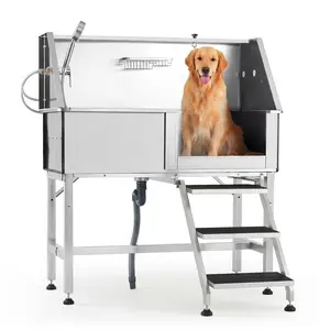 46" Stainless Steel Dog Washing Station | Heavy Duty Pet Grooming Bathtub with Access Stairs & Right Door | Professional Brushed Finish Dog Wash Tub
