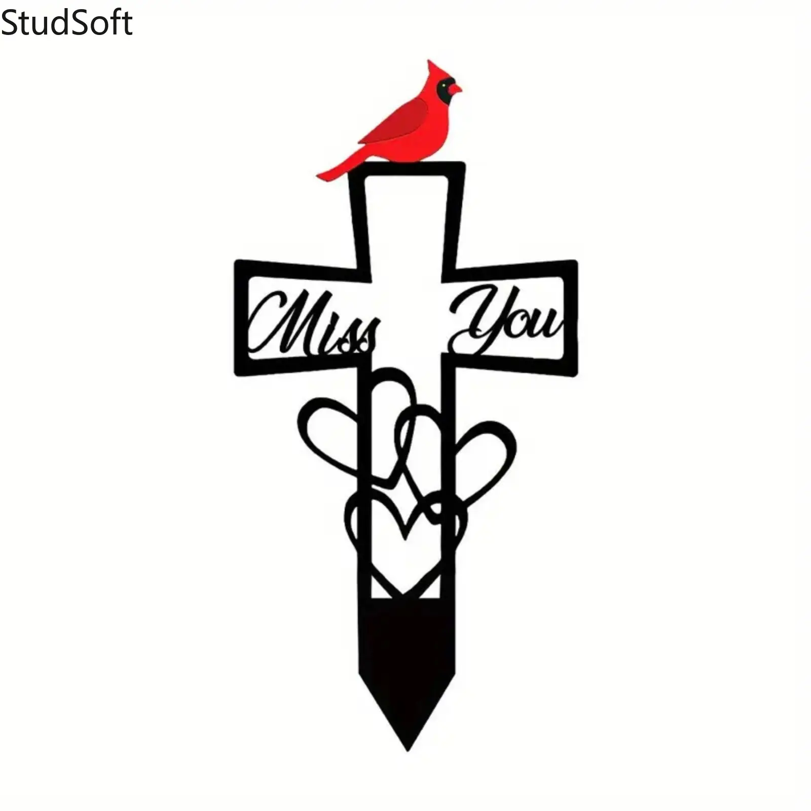 Metal Cross Memorial Stake with Red Cardinal, Miss You Sympathy Grave Marker for Cemetery, Garden, Yard Metal Cross Memorial Stake with Red Cardinal, Miss You Sympathy Grave Marker for Cemetery, Garden, Yard