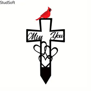 Metal Cross Memorial Stake with Red Cardinal, Miss You Sympathy Grave Marker for Cemetery, Garden, Yard
