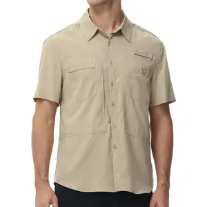 Men's Short Sleeve Lightweight Fishing Shirt UPF 50+ Sun Protection Hiking Travel Work Button Down Shirt Zip Pocket Top Casual Menswear Tropical Shortsleeve Beige Khaki Plain