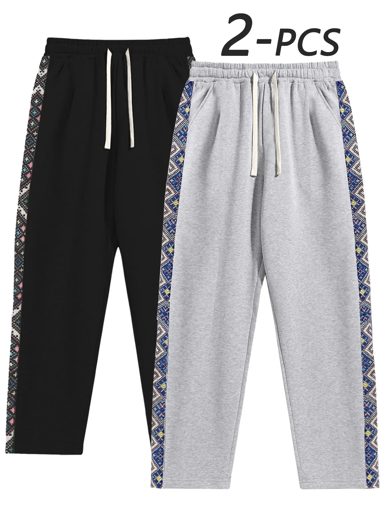 Men's Patchwork Running Pants, Ethnic Pattern Casual Pants, Colorblock Design, Suitable for Daily Wear, Outdoor Activities, Drawstring Waist, Colorblock Lightweight Sweatpants, Athleisure Style Pants, Knitted Sports Pants, Casual Sportswear Pants