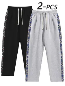 Men's Patchwork Running Pants, Ethnic Pattern Casual Pants, Colorblock Design, Suitable for Daily Wear, Outdoor Activities, Drawstring Waist, Colorblock Lightweight Sweatpants, Athleisure Style Pants