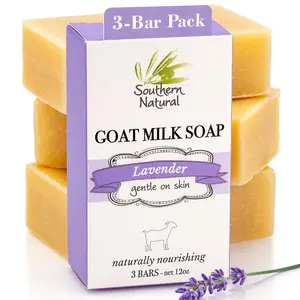 Southern Natural Handmade Lavender Goat Milk Soap – 3 Bar Pack – All Natural Moisturizing Face & Body Soap, Cleanser & Body Wash for Dry, Sensitive Skin - Cold Process Handmade in USA - Brightening Soap for Skin Repair & Skin Care - Lovely Gift for Women