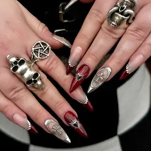 Press On Nails Set – Handmade Fall French Almond Dark Gothic Heart Rhinestone Cross Design, 24PCS with 5 Nail Tools, Easy to Apply, Reusable DIY Manicure for Home, Daily or Party Wear Floral Stripe Almond Press-On Nails Customized Liveroom Nail Art