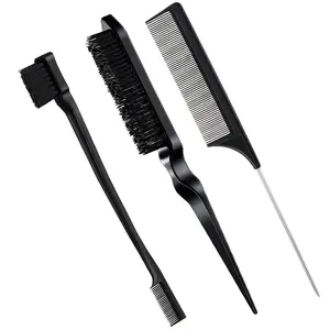 3-Piece Slick Back Hair Brush Set – Includes Bristle Brush, Edge Control Brush, Teasing Comb – For Smoothing and Styling Black Hair – Black