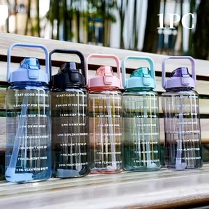 2000ML Large Capacity Food Grade Water Bottle with Straw & Motivational Time Marker, BPA Free Leak Proof Wide Mouth Shatterproof Odor Resistant Clear PC Plastic Reusable Tumbler, Dishwasher Safe for Gym Fitness Camping Hiking Outdoor Sports Daily Use