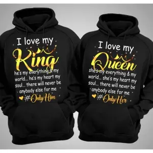 I Love My King Queen Couple Matching Shirt Graphic Couple Hoodies Casual Fleece Fabric Pullover for Women for Men, Menswear Cotton Unisex Apparel Day Valentine Personalized