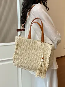 French Boho Fringe Straw Tote Bag, Vintage Patchwork Large Capacity Basket Bag, Spring Summer Beach Vacation Daily Commute Crossbody Bag