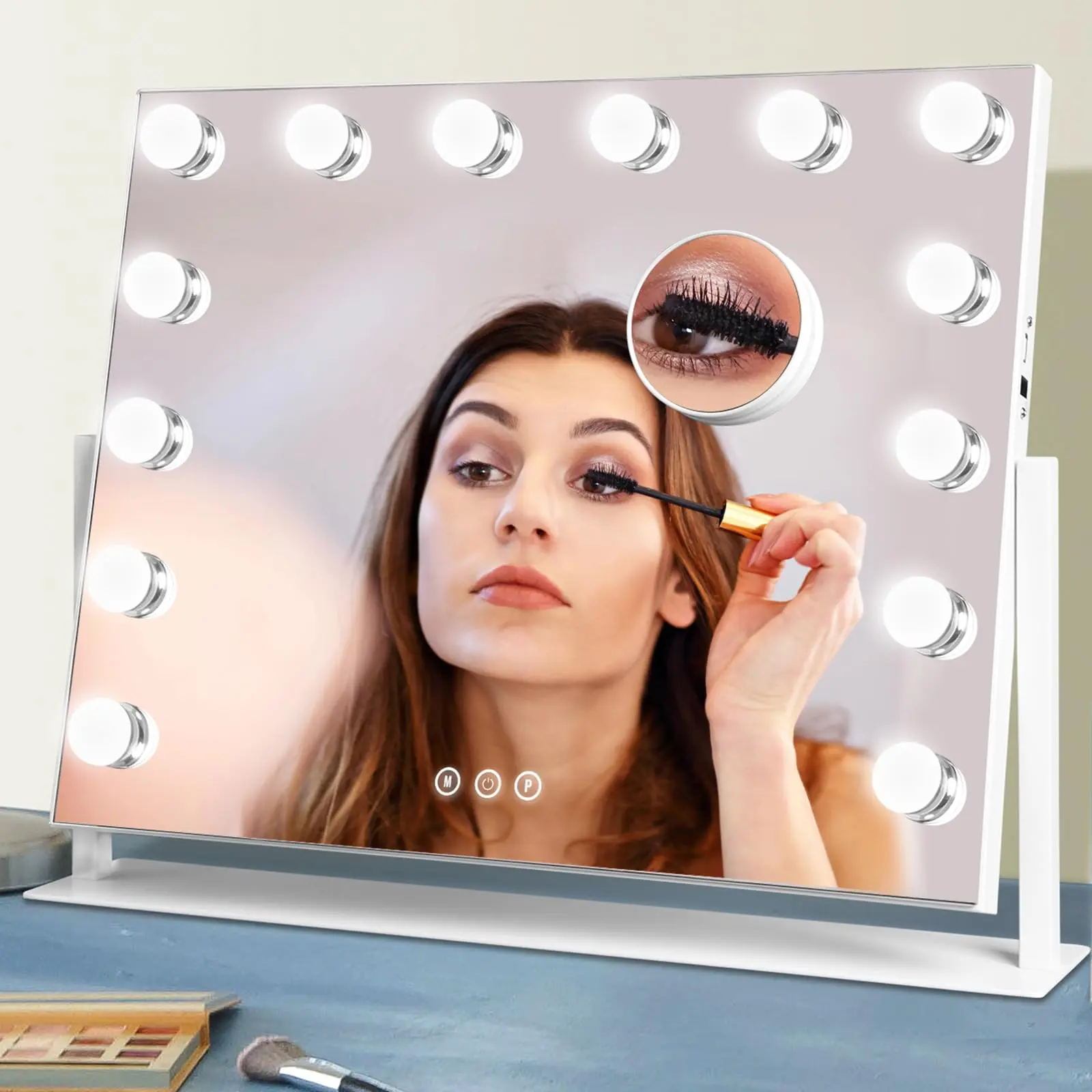 Lighted Vanity Mirror with Stand, 20 x 16 Inch Hollywood Makeup Mirror with 14 LED Bulbs, Dimmable Lights, 3 Color Modes, Touch Screen Control, 10X Magnifying Mirror for Beauty Room