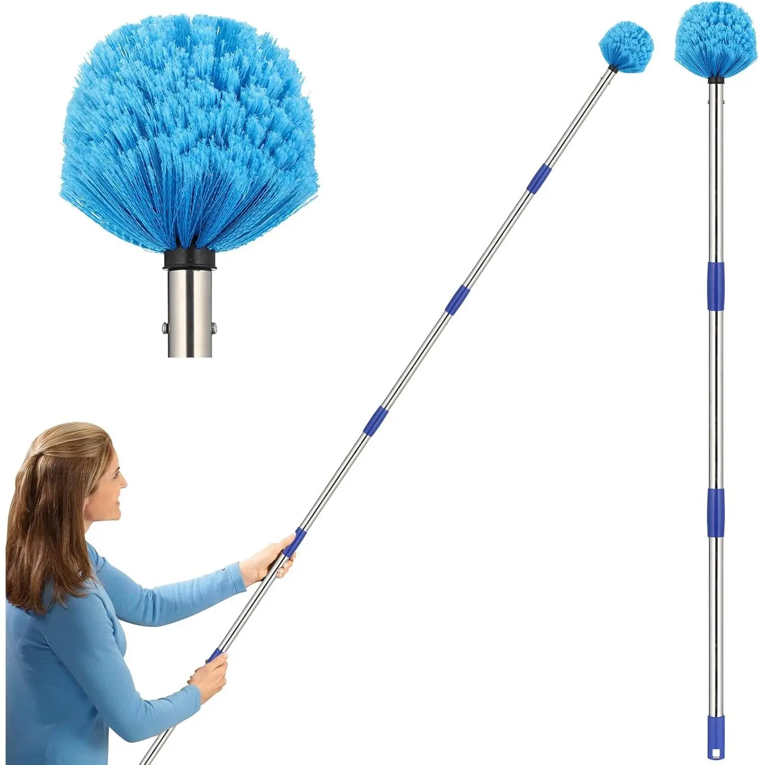Cobweb Duster with Extension Pole, 8 ft Spider Web Brush for Outdoor House Cleaning, Cob Web Remover for High Ceilings Fans, Medium-Stiff Bristles Round , Steel Long Handle, Lightweight Cleaner