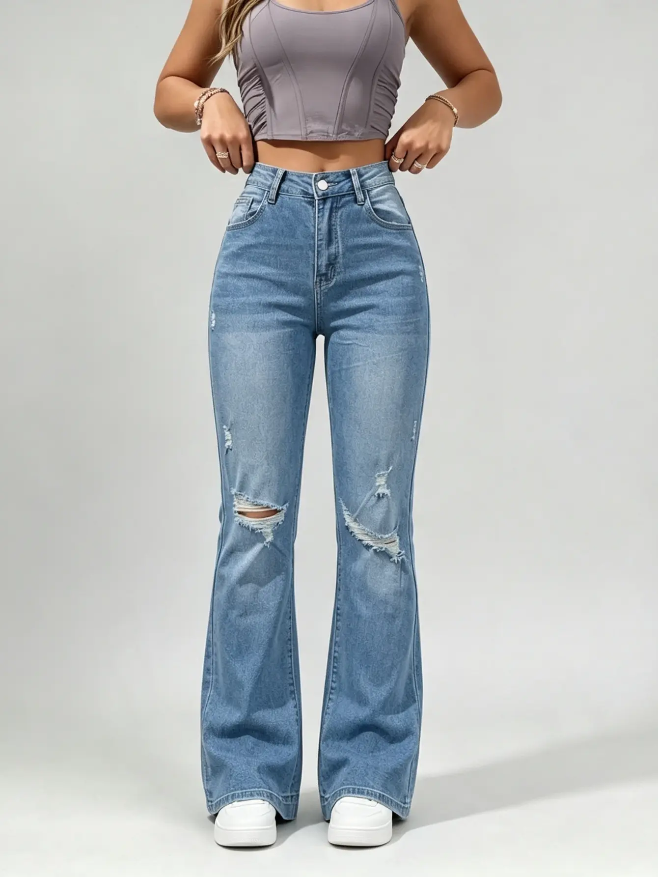 Women's High Waist Ripped Flare Denim Jeans with Pockets, Distressed Frayed Details, Stretchy and Fashionable, Perfect for Daily Wear, Versatile Y2K Casual Style, Womenswear, Everyday Bottoms, Pants