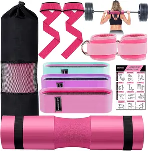 Barbell Pad Set for Squat 10 PCS with 2 Ankle Straps 3 Resistance Bands 2 Lifting Straps Pink Foam Cushion 1.3'' Thick for Hip Thrusts Lunges Squats Gym Workout