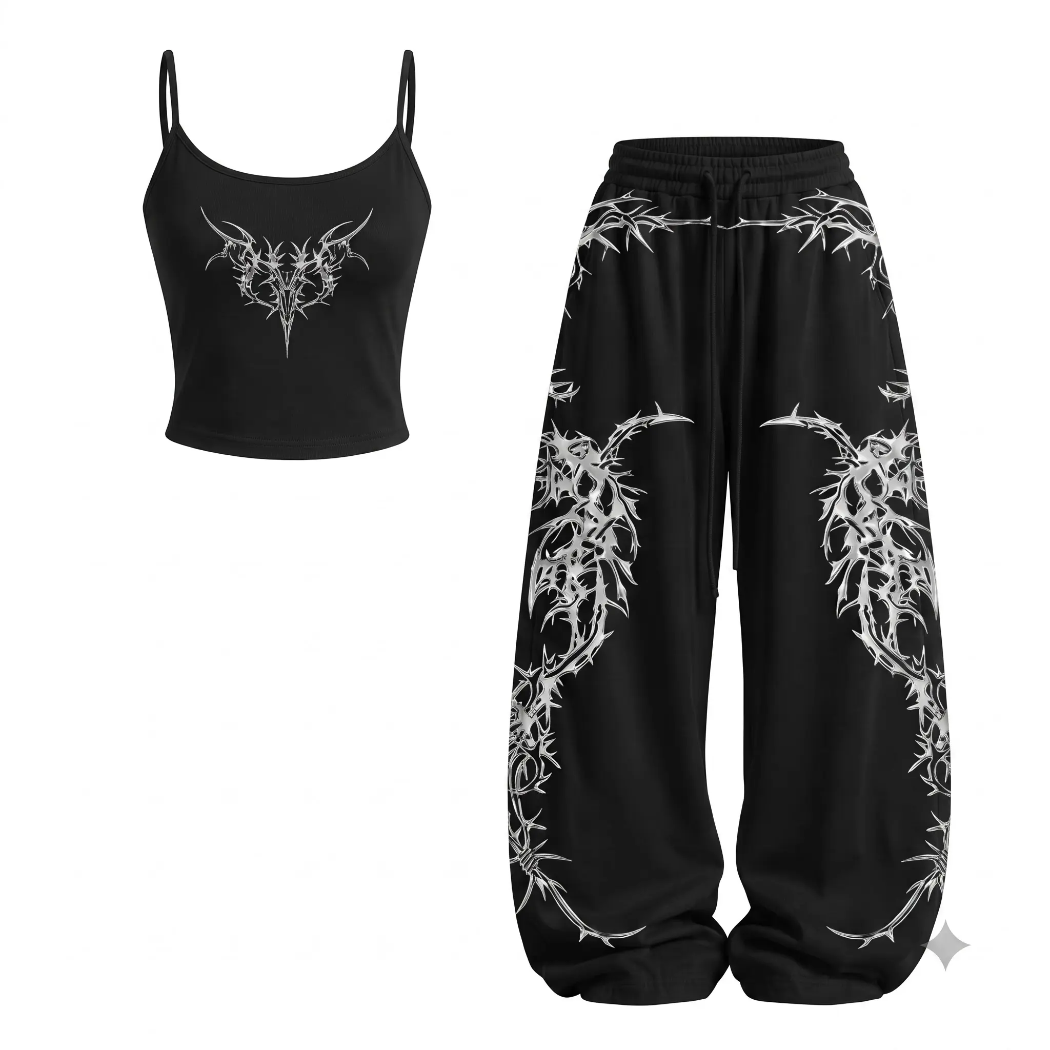 Y2K Cyber Sigilism 2 Piece Set Women Black Cami Crop Top Wide Leg Sweatpants Silver Tribal Graphic Outfit