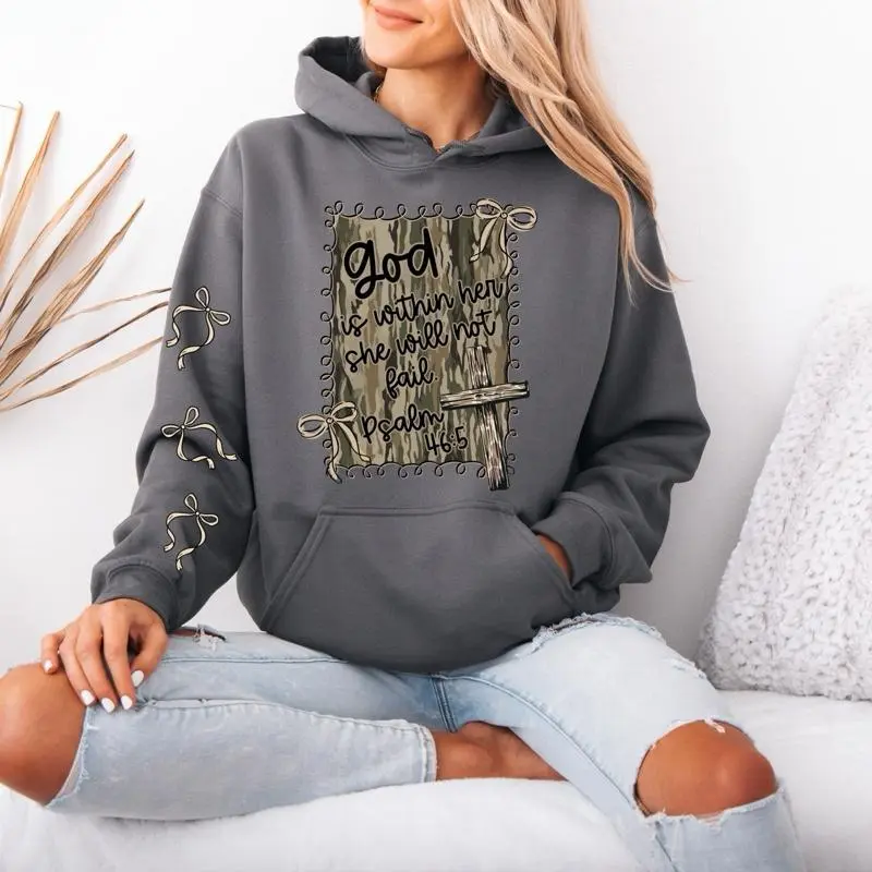 God Is Within Her  Gildan hooded Sweatshirt with Sleeve design hoodie unisex sizing womenswear comfortable soft Casual Pullover Tops Fabric Pocket Mint Green Green Spandex Cotton Fit