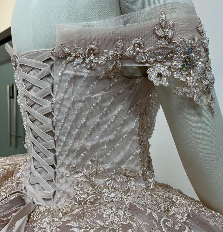 NO.55 Blush Champagne Offwhite Ball Gown Dress Crystal Beading and Sequin Appliqué Glitter Tulle Quinceañera Dress