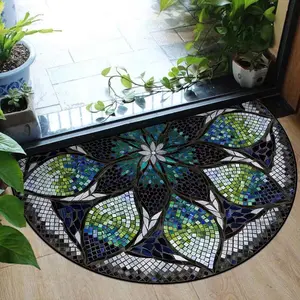 3D Artistic American Stone Half Round Rug, Vintage Floral Design Carpet, Easy Clean Durable Door Mat for Porch Entry Living Room Bedroom, Boho Rug, Floral Area Rug