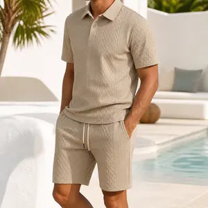 Men’s 2-Piece Waffle Knit Matching Set - Casual Short-Sleeve Polo Shirt & Drawstring Shorts, Summer Vacation Beach Outfit Menswear Suits