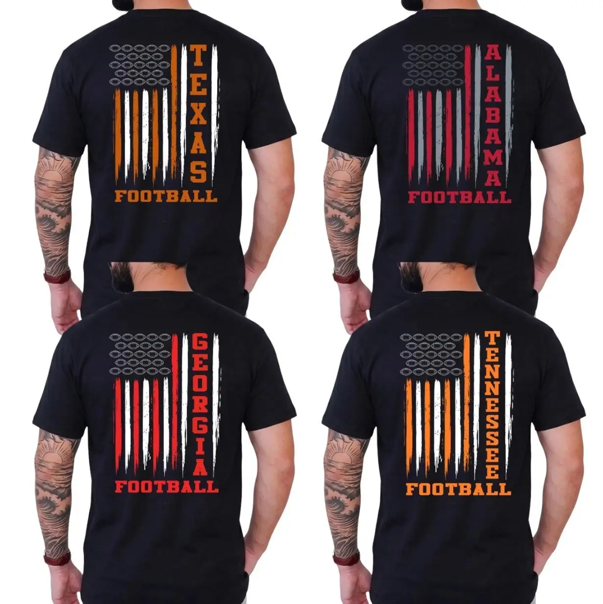 College Varsity Football Flag Black Color T-Shirt, American Flag Graphic Pullover Tee for Men and Women Gift for Football Fans Dad Husband